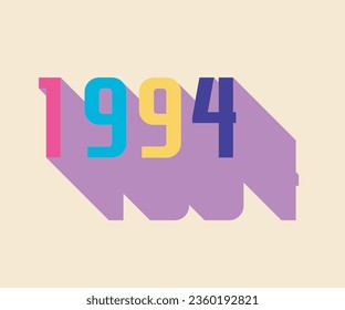 lettering from the year 1994 colored with the color palette of the decade, vintage, retro, long shadow, 90s nostalgia