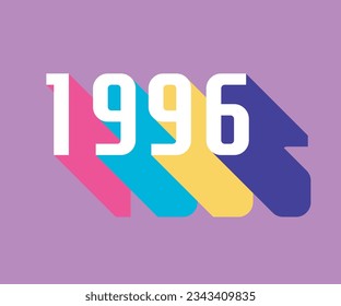 lettering of the year 1996 vintage, retro style with colorful long shadow, 90's color palette