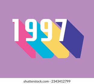 lettering of the year 1997 vintage, retro style with colorful long shadow, 90's color palette