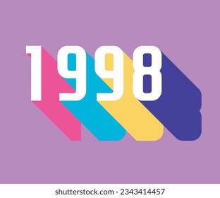 lettering of the year 1998 vintage, retro style with colorful long shadow, 90's color palette