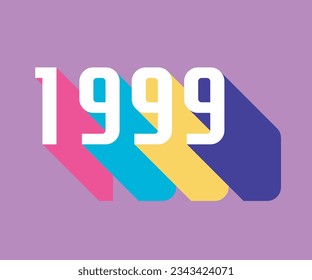 lettering of the year 1999 vintage, retro style with colorful long shadow, 90's color palette