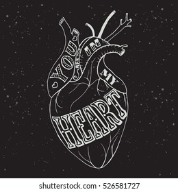 Lettering, you are in my heart, hand drawing vector illustration on chalk board background with textured 