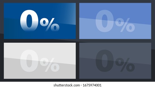 Lettering zero 0% percent flat style with a long shadow on the background. Blue black white colors. For design, blogging, textiles, greeting card, marketing concepts.