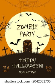 Lettering Zombie Party on orange Halloween background with silhouette of  gravestone and big Moon. Bats on cemetery. Illustration for children's holiday design, cards, invitations, banners, templates