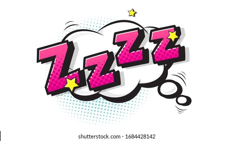 Lettering zzz, sleep. Halftone expression text on a Comic cloud bubble. Vector illustration of a bright and dynamic cartoonish image in retro pop art style isolated on white background