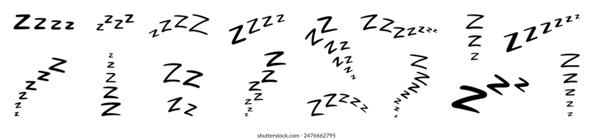 Lettering zzzz doodle style. Snore sleeping icons. Comic text signs of dream, relax and nap. Sound snoring effects for cartoon, neoteric vector set