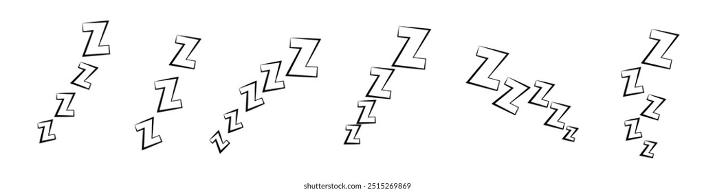 Lettering zzzz doodle style. Snore sleeping icons. Comic text signs of dream, tired, relax and nap. Sound snoring effects for cartoon, neoteric vector set.