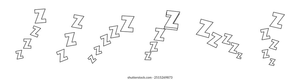 Lettering zzzz doodle style. Snore sleeping icons. Comic text signs of dream, tired, relax and nap. Sound snoring effects for cartoon, neoteric vector set.