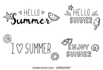 Letterings with elements of summer on a white background. Hand-drawn labels, logos, summer design elements. Vector illustrations.