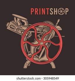 Letterpress Overprint Vector Design. Vintage Print Shop Logo. Old Printing Machine Illustration