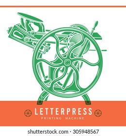 Letterpress overprint vector design. Vintage printshop logo. Old printing machine illustration