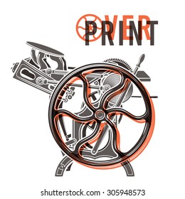 Letterpress Overprint Vector Design. Vintage Printshop Logo. Old Printing Machine Illustration