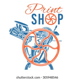 Letterpress Print Shop Vector Illustration. Vintage Printing Logo Design. Rare Industrial Machine.