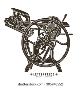 Letterpress printing machine vector illustration. Vintage print logo design