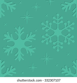 Letterpress snowflakes seamless pattern in green color.