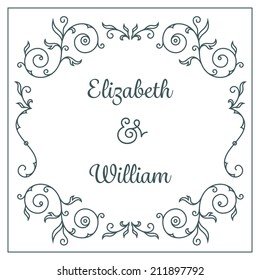 Letterpress wedding invitation card template with floral ornaments and custom ampersand. Vector illustration