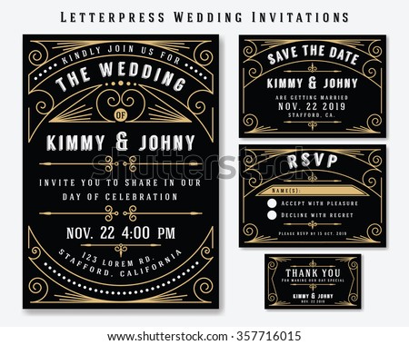 Letterpress Wedding Invitation Design Template. Include RSVP card, Save the date card, thank you tags. Classic Premium Vintage Style Frame Vector illustration.