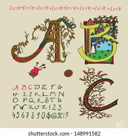 The letters A, B, C, alphabet Large letters A, B, C, decorated with ornaments, and alphabet 