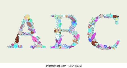 Letters A, B, C. Bright floral elements of colorful alphabet in vector