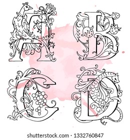 Letters A, B, C, D Drop Caps. Vector hand-drawing letter. Fabulous ornament with a bird, dragon, strawberries and grapes. Black outline. Transparent background. The design of tales.