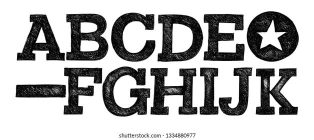 Letters A, B, C, D, E, F, G, H, I, J, K pencil sketch in black color isolated on white background. Scribble texture font. Hand drawn vector illustration.   