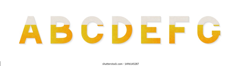 Letters A, B, C, D, E, F, G made of beer, bubbles and foam isolated on white. Creative Oktoberfest vector alphabet. Sans serif font. Latin uppercase symbols. Easy to edit template for your design.