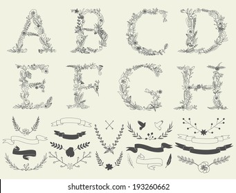 Letters A, B, C, D, E, F, G, H. Floral elements of vintage alphabet in vector