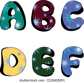 Letters A, B, C, D, E, F with snowflake pattern