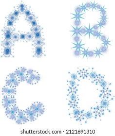 Cartas A, B, C, D hechas de copos de nieve. Diseño de fuentes de invierno
