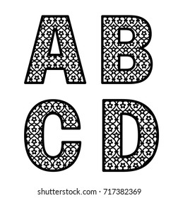 Letters A, B, C, D for laser cutting. Initial monogram letters. Alphabet characters. Decorative paper font template. Vector numeric date for wedding invitation and birthday card.