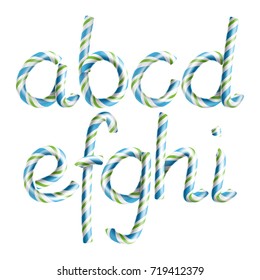 Letters A, B, C, D, E, G, G, H, I. Vector. 3D Realistic Candy Cane Alphabet Symbol In Christmas Colour New Year Letter Textured Green, Blue. Typography Striped Craft Isolated. Xmas Art Illustration
