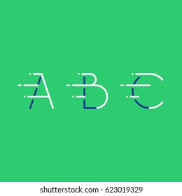 Letters A, B, C in motion, fast services concept logo elements, delivery and transport icons, mono line vector