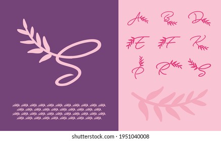 Letters A, B, D, E, F, K, P, R, S Leaf logo and branding kit for beauty and women style businesses