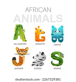 Letters from A, L, H, J, S. Educational card for children with african fun animals isolated on white background. Various animal alphabet. Different animals. Alphabet concept. Vector illustration