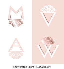 Letters A, M, V, W with ornament on a white and pink background. Monogram. Logo. 