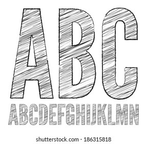 Letters A- N, Pencil  sketched characters on a white vector alphabet