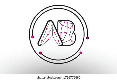 Letters AB A B logo initials with wires and pink dots template. Vector Illustration with letters A and B. Technology Abstract Line Connection Circle Vector Logotype.