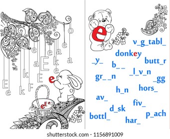 Letters. ABC. Learning to write letters. For children and their parents. Recipe. Illustrated English alphabet. Learn the letters with a rabbit and a bear. Vector illustration. Coloring book.