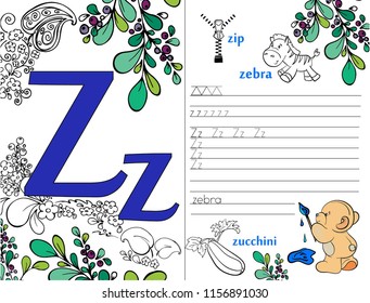 Letters. ABC. Learning to write letters. For children and their parents. Recipe. Illustrated English alphabet. Learn the letters with a rabbit and a bear. Vector illustration. Coloring book.