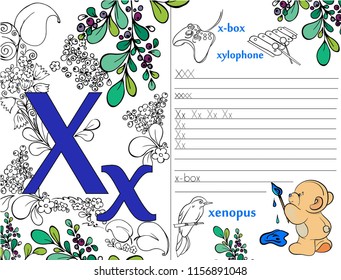 Letters. ABC. Learning to write letters. For children and their parents. Recipe. Illustrated English alphabet. Learn the letters with a rabbit and a bear. Vector illustration. Coloring book.