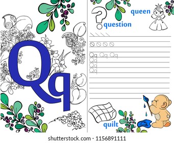 Letters. ABC. Learning to write letters. For children and their parents. Recipe. Illustrated English alphabet. Learn the letters with a rabbit and a bear. Vector illustration. Coloring book.