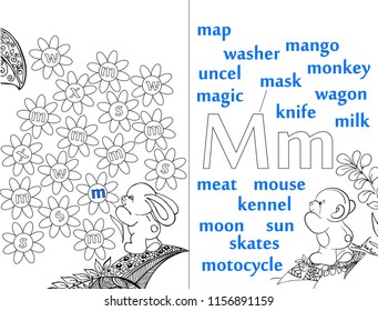 Letters. ABC. Learning to write letters. For children and their parents. Recipe. Illustrated English alphabet. Learn the letters with a rabbit and a bear. Vector illustration. Coloring book.