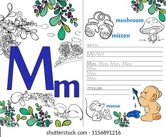 Letters. ABC. Learning to write letters. For children and their parents. Recipe. Illustrated English alphabet. Learn the letters with a rabbit and a bear. Vector illustration. Coloring book.