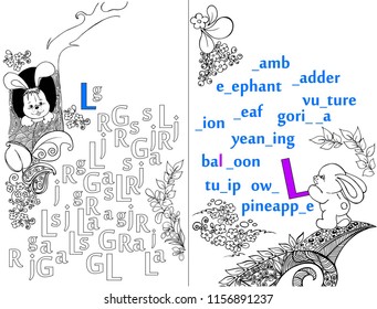 Letters. ABC. Learning to write letters. For children and their parents. Recipe. Illustrated English alphabet. Learn the letters with a rabbit and a bear. Vector illustration. Coloring book.