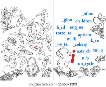 Letters. ABC. Learning to write letters. For children and their parents. Recipe. Illustrated English alphabet. Learn the letters with a rabbit and a bear. Vector illustration. Coloring book.
