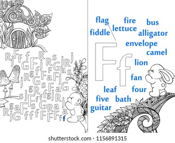 Letters. ABC. Learning to write letters. For children and their parents. Recipe. Illustrated English alphabet. Learn the letters with a rabbit and a bear. Vector illustration. Coloring book.