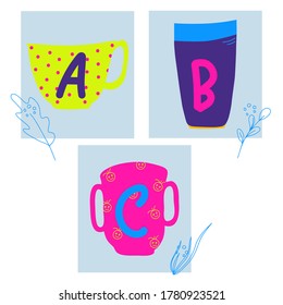Letters abc on cups in cartoon quirky style. Hand drawn Alphabet cards for education, design elements, banners, coffee shop, food court. Kids abc isolated vector illustration