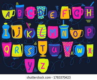 Letters abc on cups in quirky cartoon style. Hand drawn Alphabet design elements for cards, education, flyer, banners, coffee shop, food court. Kids abc isolated vector illustration