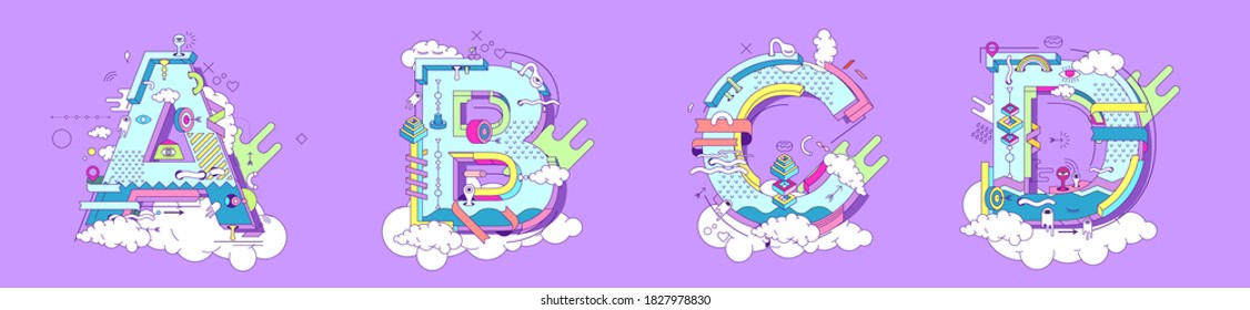 Letters ABSD illustration in doodle style . Flat vector illustration