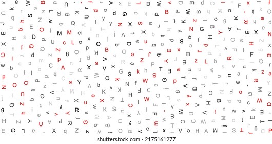 Letters. Abstract background. Seamless pattern. Cover design template, background, wrapping paper, t-shirt. Black and red letters on  white background. Isolated. Vector illustration